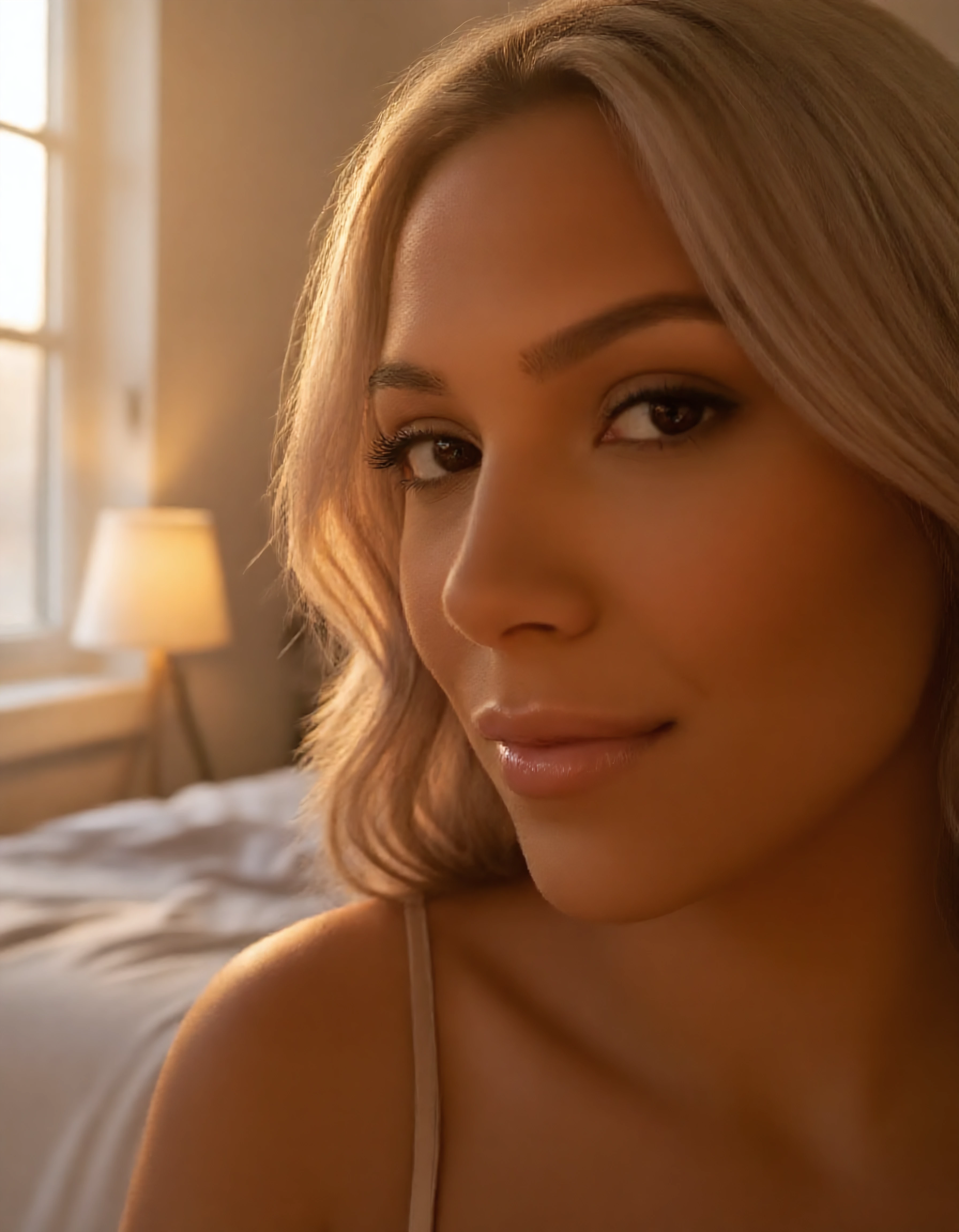 Corinna Larsen suggestively smiling pose image on NeedHer
