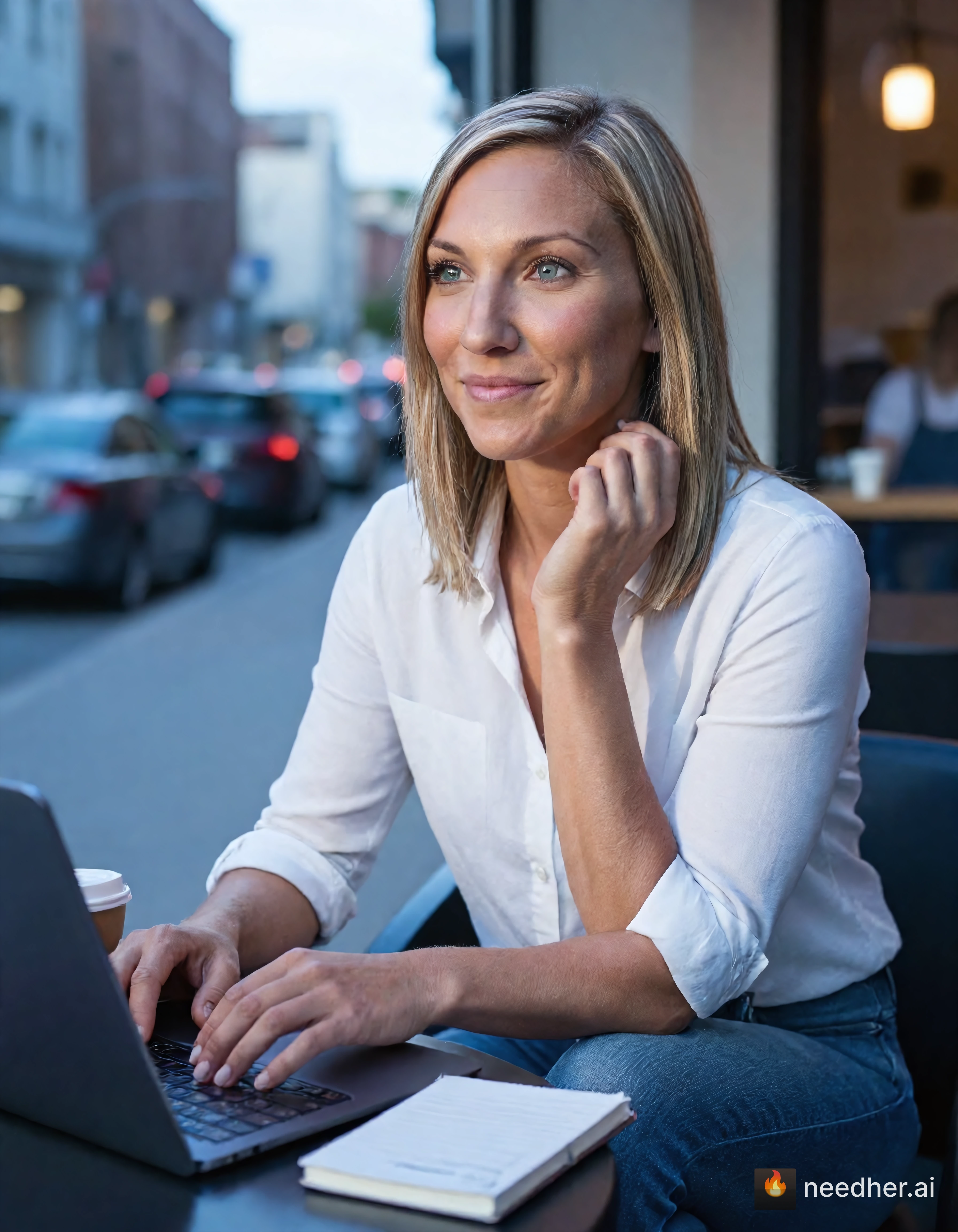 Claudia Brennan life travel morning uffko 3 laptop cafe pose image on NeedHer