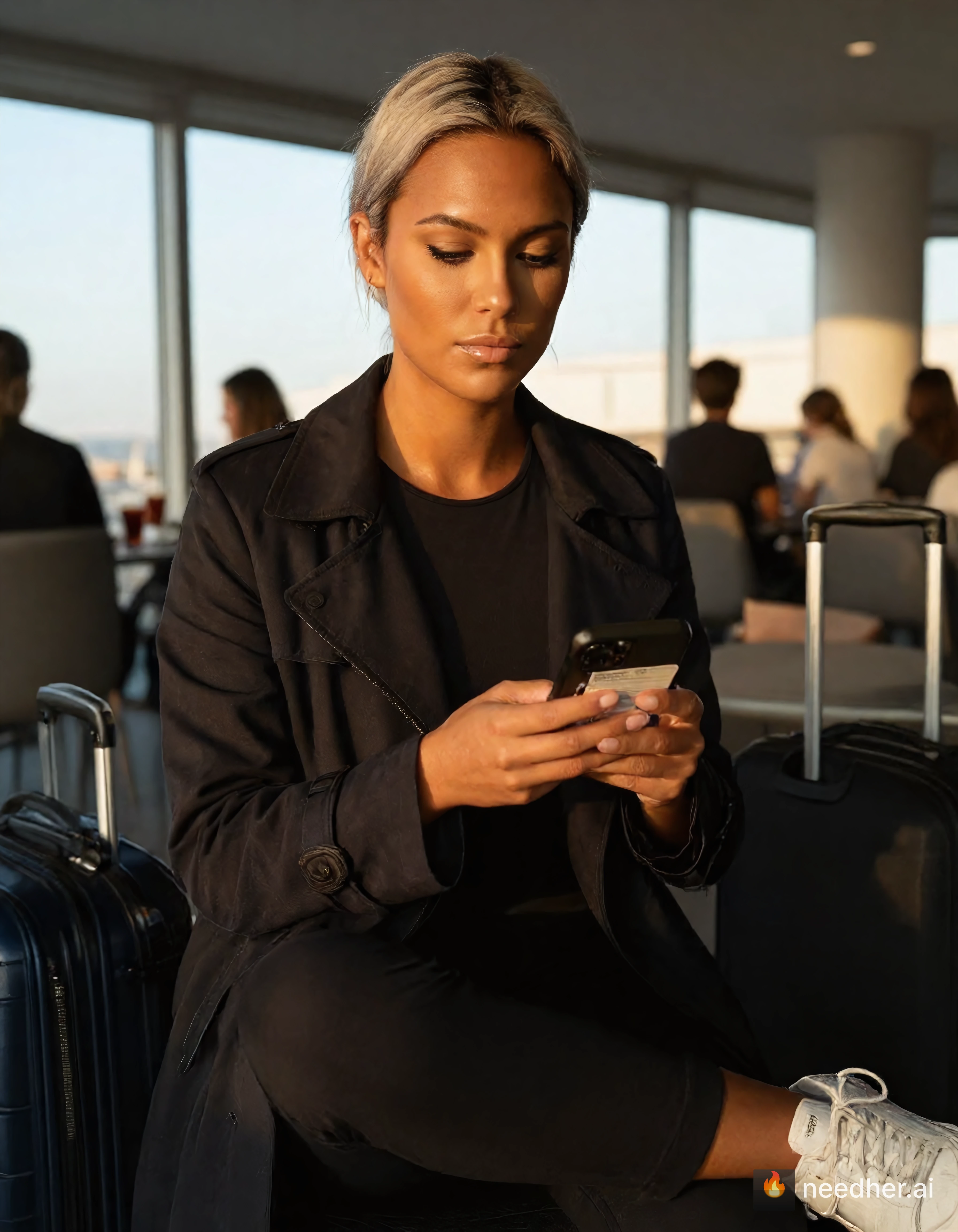 Corinna Larsen life travel morning uzscpg 1 airport lounge pose image on NeedHer