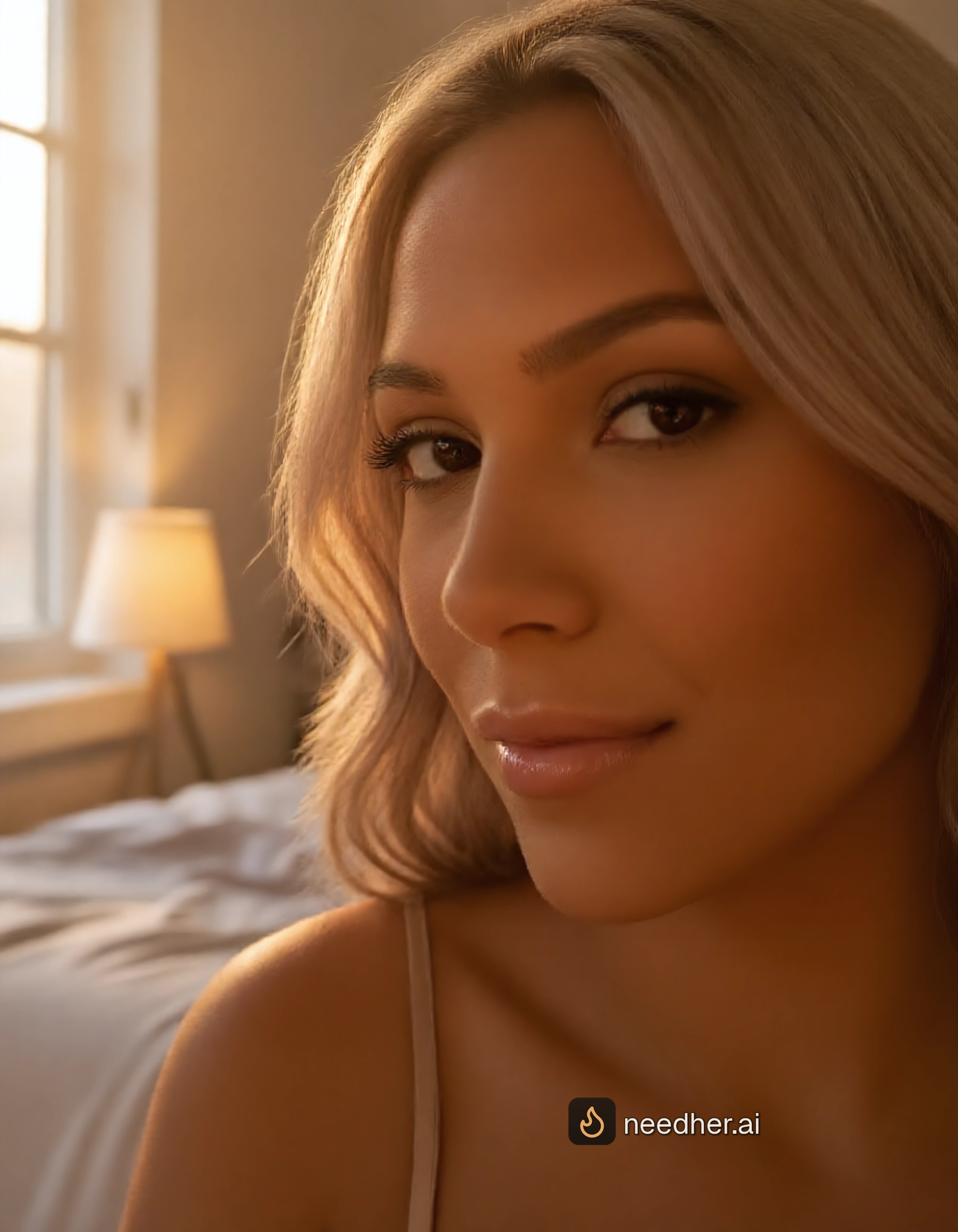 Corinna Larsen suggestively smiling pose image on NeedHer