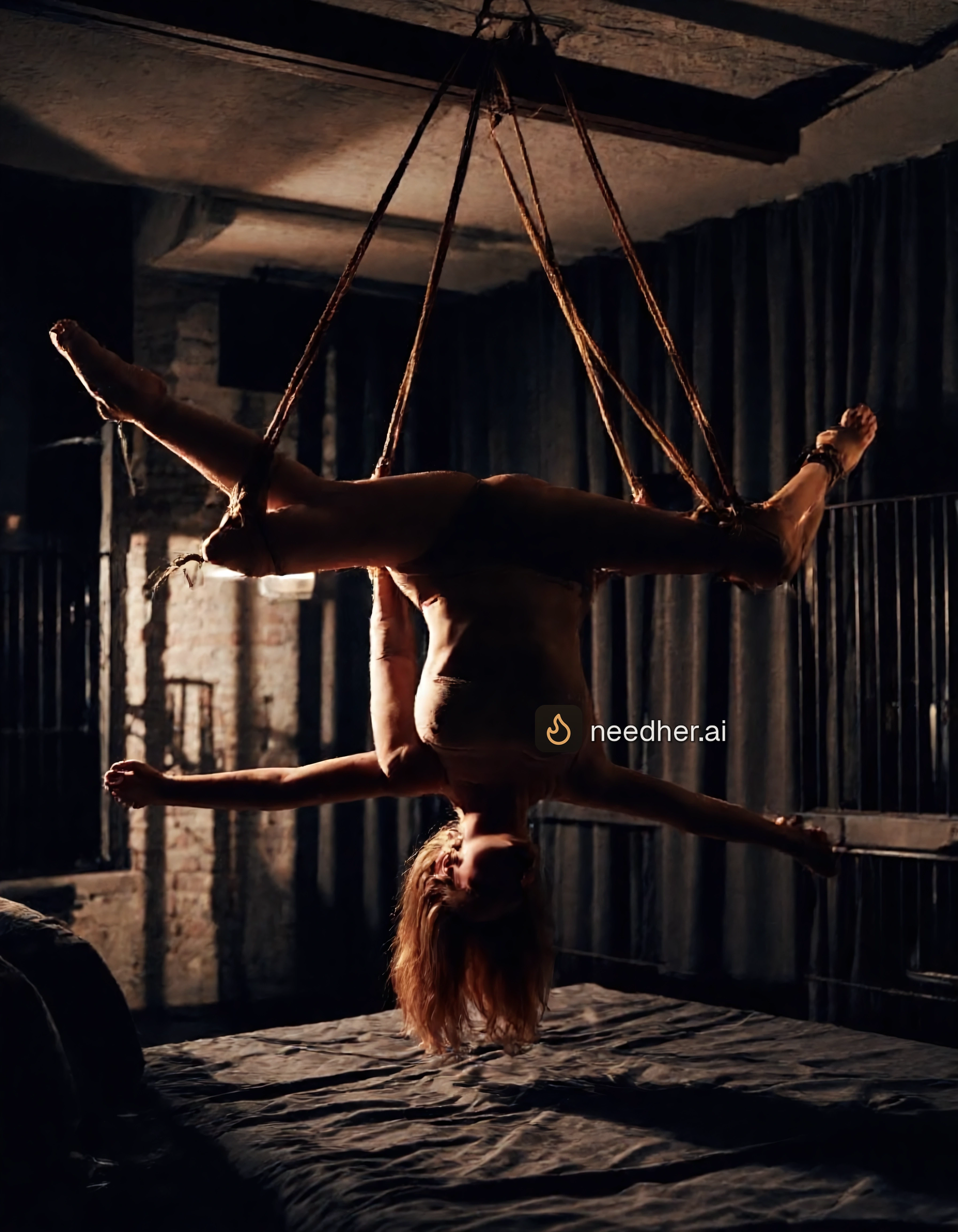 Alma Larsson shibari inverted suspended pose image on NeedHer